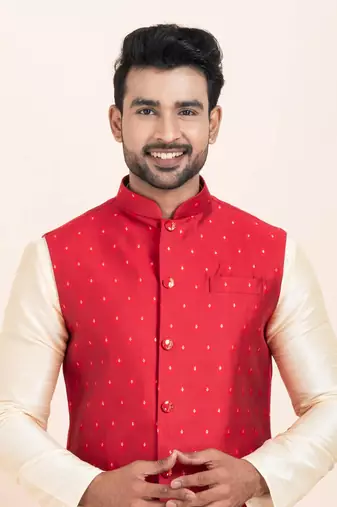 Woven Kurta Pyjama Waistcoat Set For Mens