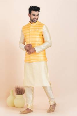 Woven Kurta Pyjama Waistcoat Set For Mens 1