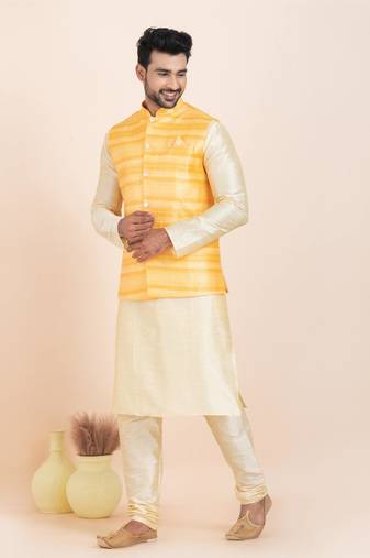 Woven Kurta Pyjama Waistcoat Set For Mens
