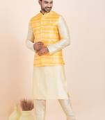 Woven Kurta Pyjama Waistcoat Set For Mens