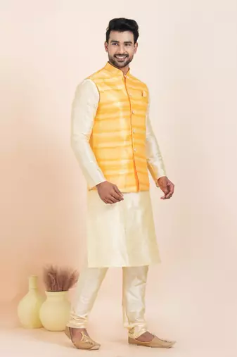 Woven Kurta Pyjama Waistcoat Set For Mens