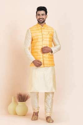 Woven Kurta Pyjama Waistcoat Set For Mens 3