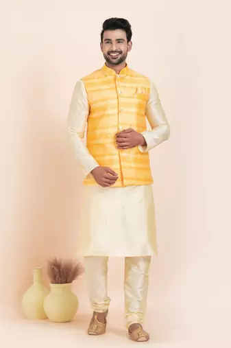 Woven Kurta Pyjama Waistcoat Set For Mens