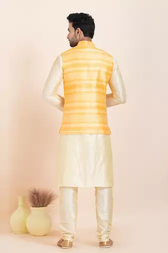 Woven Kurta Pyjama Waistcoat Set For Mens