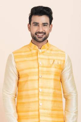 Woven Kurta Pyjama Waistcoat Set For Mens 5