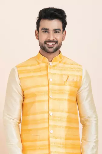 Woven Kurta Pyjama Waistcoat Set For Mens