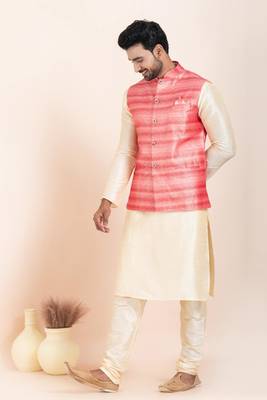 Woven Kurta Pyjama Waistcoat Set For Mens 1