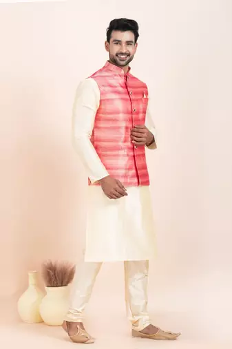 Woven Kurta Pyjama Waistcoat Set For Mens