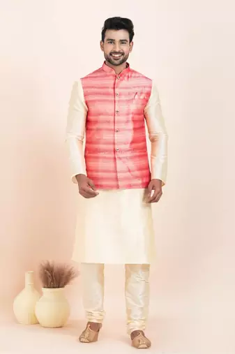Woven Kurta Pyjama Waistcoat Set For Mens