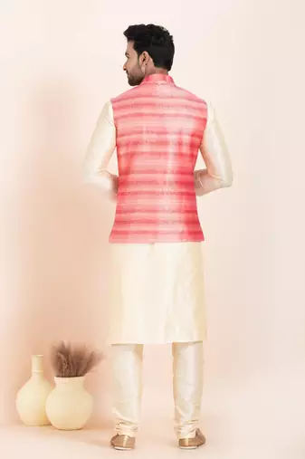 Woven Kurta Pyjama Waistcoat Set For Mens