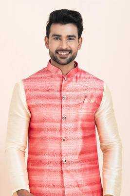 Woven Kurta Pyjama Waistcoat Set For Mens 5
