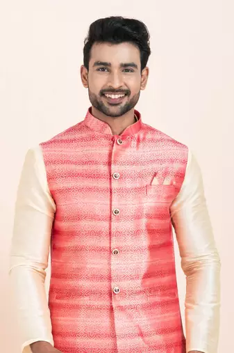 Woven Kurta Pyjama Waistcoat Set For Mens