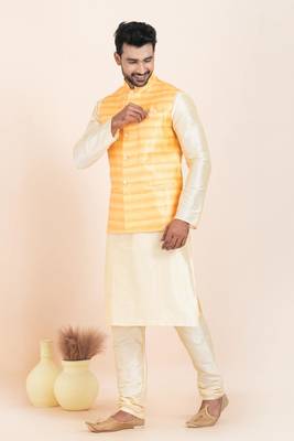 Woven Kurta Pyjama Waistcoat Set For Mens 1