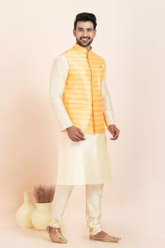 Woven Kurta Pyjama Waistcoat Set For Mens