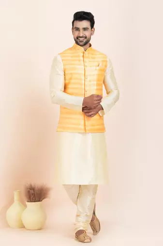 Woven Kurta Pyjama Waistcoat Set For Mens