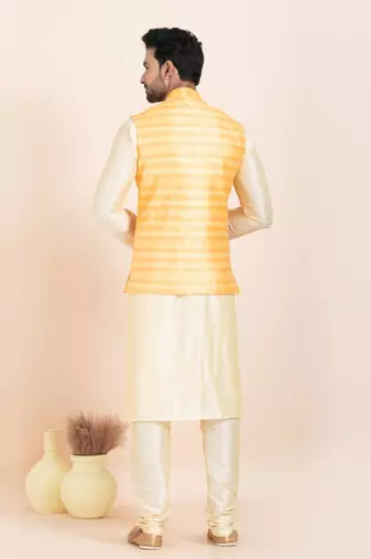 Woven Kurta Pyjama Waistcoat Set For Mens