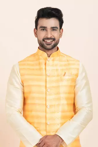 Woven Kurta Pyjama Waistcoat Set For Mens