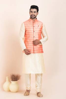 Woven Kurta Pyjama Waistcoat Set For Mens 1
