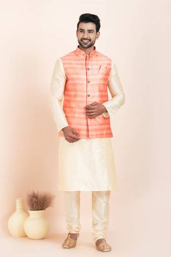 Woven Kurta Pyjama Waistcoat Set For Mens