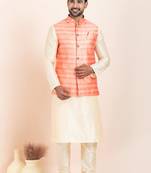 Woven Kurta Pyjama Waistcoat Set For Mens