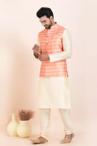 Woven Kurta Pyjama Waistcoat Set For Mens