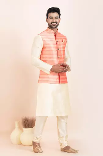 Woven Kurta Pyjama Waistcoat Set For Mens