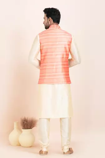 Woven Kurta Pyjama Waistcoat Set For Mens