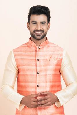 Woven Kurta Pyjama Waistcoat Set For Mens 5