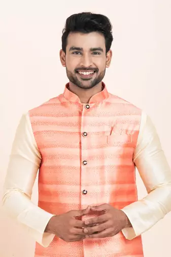 Woven Kurta Pyjama Waistcoat Set For Mens