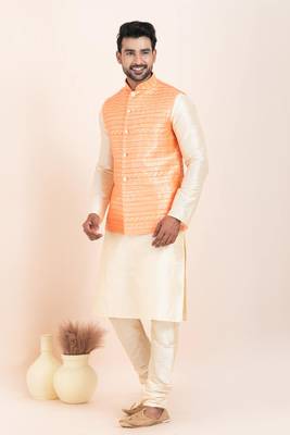 Woven Kurta Pyjama Waistcoat Set For Mens 1