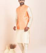 Woven Kurta Pyjama Waistcoat Set For Mens