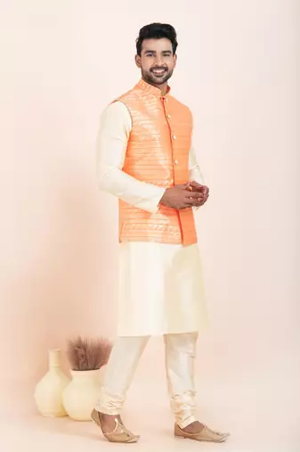 Woven Kurta Pyjama Waistcoat Set For Mens