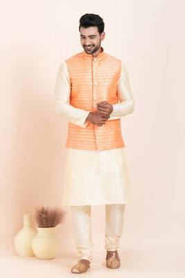 Woven Kurta Pyjama Waistcoat Set For Mens 3