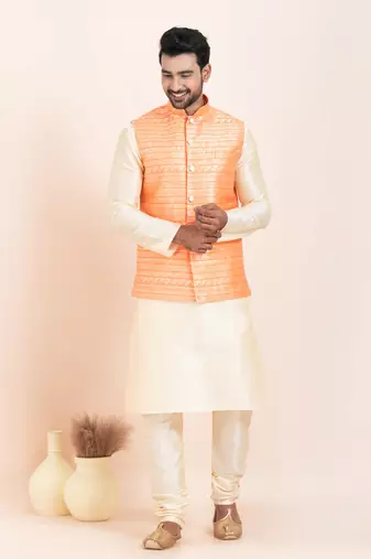 Woven Kurta Pyjama Waistcoat Set For Mens
