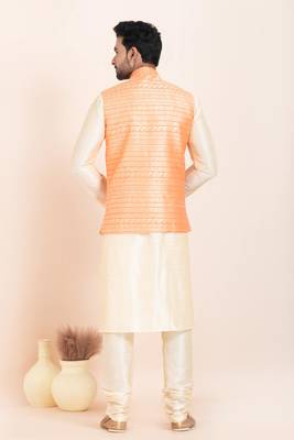 Woven Kurta Pyjama Waistcoat Set For Mens 4