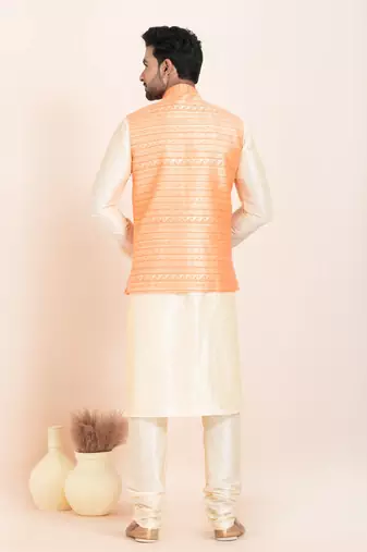 Woven Kurta Pyjama Waistcoat Set For Mens