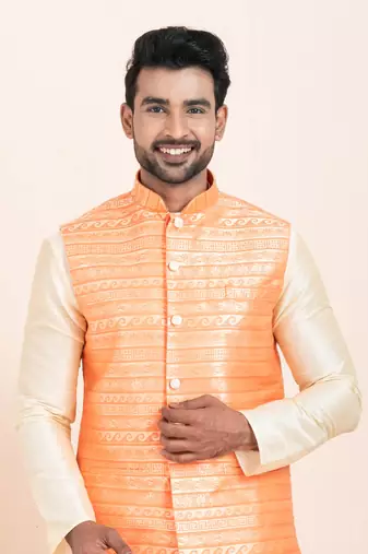 Woven Kurta Pyjama Waistcoat Set For Mens