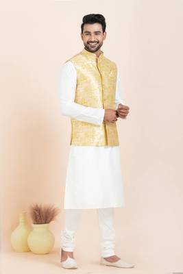 Woven Kurta Pyjama Waistcoat Set For Mens 1
