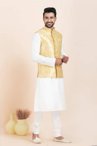 Woven Kurta Pyjama Waistcoat Set For Mens