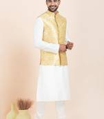 Woven Kurta Pyjama Waistcoat Set For Mens