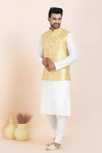 Woven Kurta Pyjama Waistcoat Set For Mens