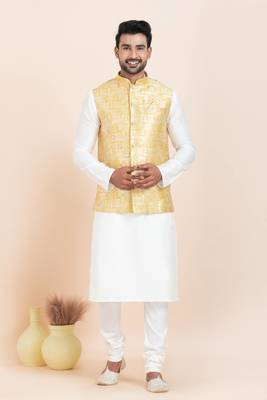 Woven Kurta Pyjama Waistcoat Set For Mens 3