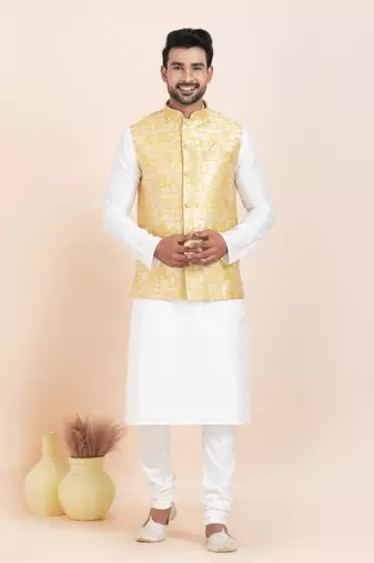 Woven Kurta Pyjama Waistcoat Set For Mens