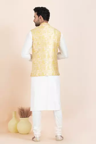 Woven Kurta Pyjama Waistcoat Set For Mens