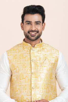 Woven Kurta Pyjama Waistcoat Set For Mens 5