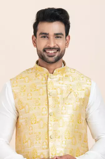 Woven Kurta Pyjama Waistcoat Set For Mens