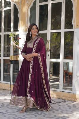 Purple Designer Readymade Long Kurti & Duppta With Embroidery Zari Sequins Work 3