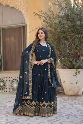 Dark Green  Designer Readymade Long Kurti & Duppta With Embroidery Zari Sequins Work 1