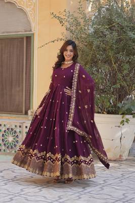 Wine  Designer Readymade Long Kurti & Duppta With Embroidery Zari Sequins Work 1
