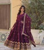 Wine  Designer Readymade Long Kurti & Duppta With Embroidery Zari Sequins Work
